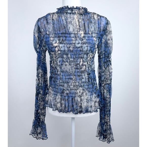 NWT Free People Hello There Smocked Mesh Top in Blue Combo Size Large - Picture 2 of 11